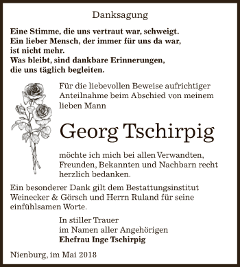 Traueranzeige von Georg Tschirpig von Super Sonntag Bernburg