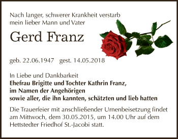 Traueranzeige von Gerd Franz von Super Sonntag Bernburg
