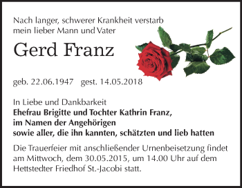 Traueranzeige von Gerd Franz von Mitteldeutsche Zeitung