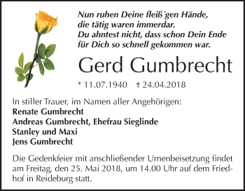 Traueranzeige von Gerd Gumbrecht von Mitteldeutsche Zeitung Halle/Saalkreis