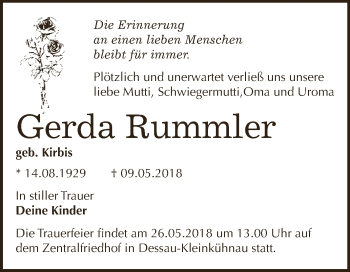 Traueranzeige von Gerda Bummler von WVG - Wochenspiegel Dessau / Köthen