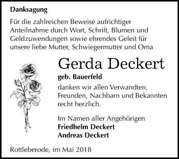 Traueranzeige von Gerda Deckert von Mitteldeutsche Zeitung Sangerhausen