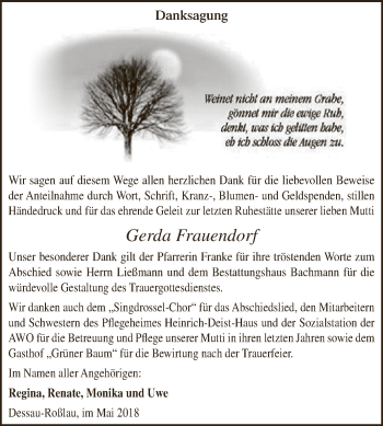 Traueranzeige von Gerda Frauendorf von WVG - Wochenspiegel Dessau / Köthen