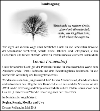 Traueranzeige von Gerda Frauendorf von Mitteldeutsche Zeitung Dessau-Roßlau