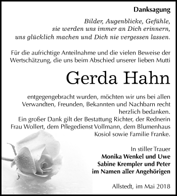 Traueranzeige von Gerda Hahn von Mitteldeutsche Zeitung Sangerhausen