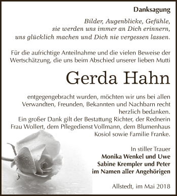 Traueranzeige von Gerda Hahn von Super Sonntag SGH Mansf. Land