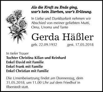 Traueranzeige von Gerda Häßler von Mitteldeutsche Zeitung Bernburg