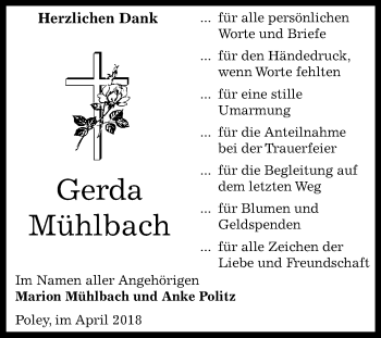 Traueranzeige von Gerda Mühlbach von Mitteldeutsche Zeitung Bernburg
