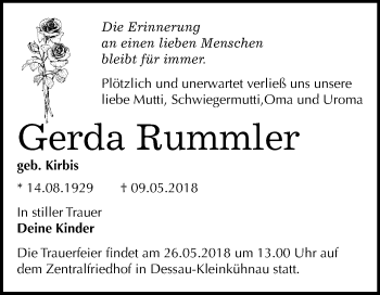 Traueranzeige von Gerda Rummler von Mitteldeutsche Zeitung