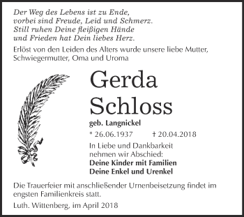 Traueranzeige von Gerda Schloss von Super Sonntag Wittenberg