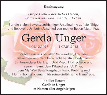 Traueranzeige von Gerda Unger von Mitteldeutsche Zeitung Weißenfels
