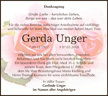 Traueranzeige von Gerda Unger von WVG - Wochenspiegel NMB / WSF / ZTZ