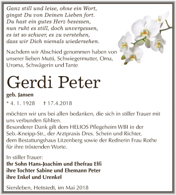 Traueranzeige von Gerdi Peter von Wochenspiegel Mansfelder Land