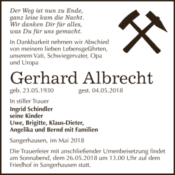 Traueranzeige von Gerhard Albrecht von Super Sonntag SGH Mansf. Land