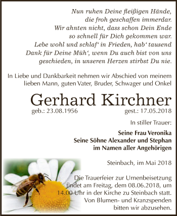 Traueranzeige von Gerhard Kirchner von WVG - Wochenspiegel NMB / WSF / ZTZ