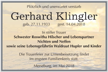 Traueranzeige von Gerhard Klingler von WVG - Wochenspiegel Merseburg