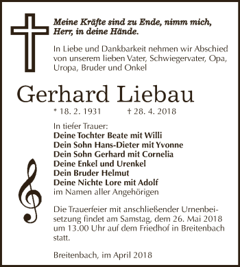 Traueranzeige von Gerhard Liebau von Super Sonntag SGH Mansf. Land