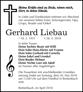 Traueranzeige von Gerhard Liebau von Mitteldeutsche Zeitung