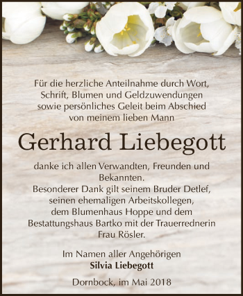 Traueranzeige von Gerhard Liebegott von WVG - Wochenspiegel Dessau / Köthen