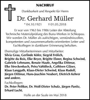 Traueranzeige von Gerhard Müller von Mitteldeutsche Zeitung Merseburg/Querfurt