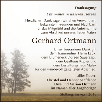 Traueranzeige von Gerhard Ortmann von Super Sonntag SGH Mansf. Land