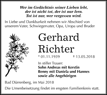 Traueranzeige von Gerhard Richter von Mitteldeutsche Zeitung Merseburg/Querfurt