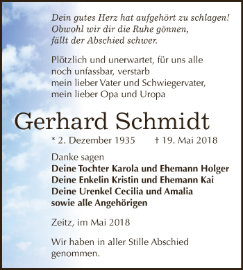 Traueranzeige von Gerhard Schmidt von Super Sonntag Zeitz