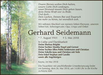 Traueranzeige von Gerhard Seidemann von Super Sonntag Zeitz