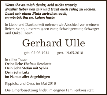 Traueranzeige von Gerhard Ulle von Super Sonntag Zeitz