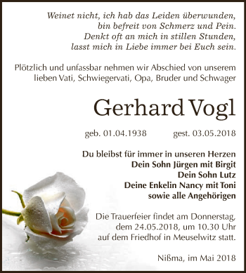 Traueranzeige von Gerhard Vogl von Super Sonntag Zeitz