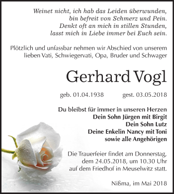 Traueranzeige von Gerhard Vogl von Mitteldeutsche Zeitung Zeitz