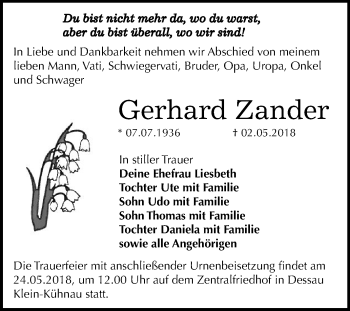 Traueranzeige von Gerhard Zander von Mitteldeutsche Zeitung Dessau-Roßlau