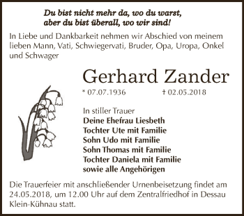 Traueranzeige von Gerhard Zander von WVG - Wochenspiegel Dessau / Köthen
