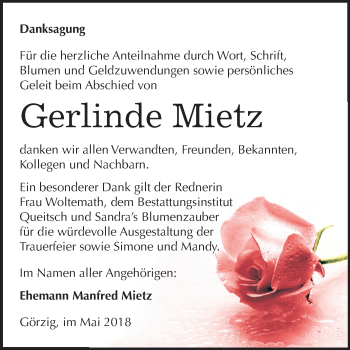 Traueranzeige von Gerlinde Mietz von Mitteldeutsche Zeitung Köthen