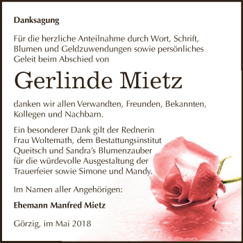 Traueranzeige von Gerlinde Mietz von WVG - Wochenspiegel Dessau / Köthen