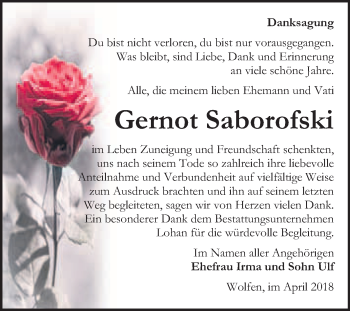 Traueranzeige von Gernot Saborofski von WVG - Wochenspiegel Bitterfeld