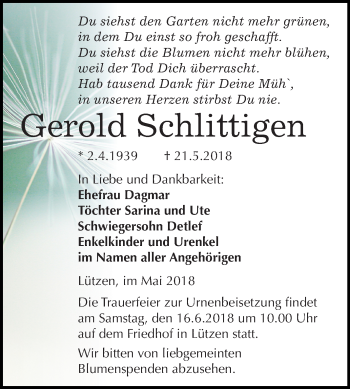 Traueranzeige von Gerold Schlittigen von Super Sonntag Merseburg