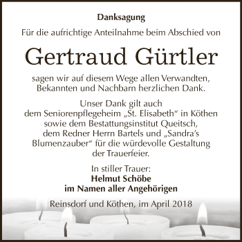 Traueranzeige von Gertraud Gürtler von WVG - Wochenspiegel Dessau / Köthen