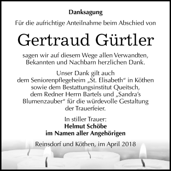 Traueranzeige von Gertraud Gürtler von Mitteldeutsche Zeitung Köthen