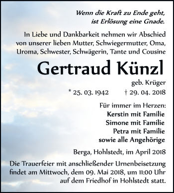 Traueranzeige von Gertraud Künzl von Mitteldeutsche Zeitung Sangerhausen