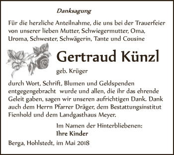 Traueranzeige von Gertraud Künzl von Super Sonntag SGH Mansf. Land