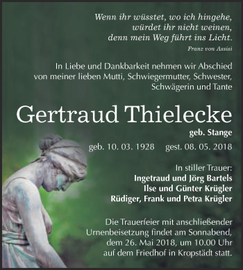 Traueranzeige von Gertraud Thielecke von WVG - Wochenspiegel Wittenberg