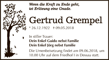Traueranzeige von Gertrud Grempel von WVG - Wochenspiegel Dessau / Köthen