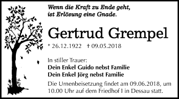 Traueranzeige von Gertrud Grempel von Mitteldeutsche Zeitung Dessau-Roßlau