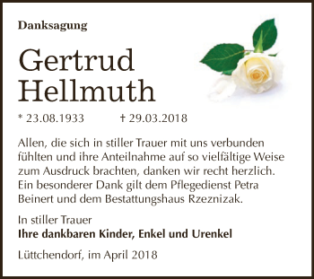 Traueranzeige von Gertrud Hellmuth von Super Sonntag SGH Mansf. Land