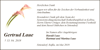 Traueranzeige von Gertrud Laue von Super Sonntag SGH Mansf. Land