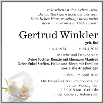 Traueranzeige von Gertrud Winkler von Super Sonntag Merseburg