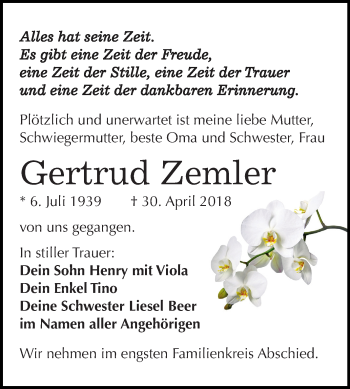 Traueranzeige von Gertrud Zemler von Mitteldeutsche Zeitung