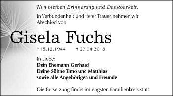 Traueranzeige von Gisela Fuchs von WVG - Wochenspiegel Merseburg