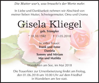 Traueranzeige von Gisela Kliegel von Mitteldeutsche Zeitung